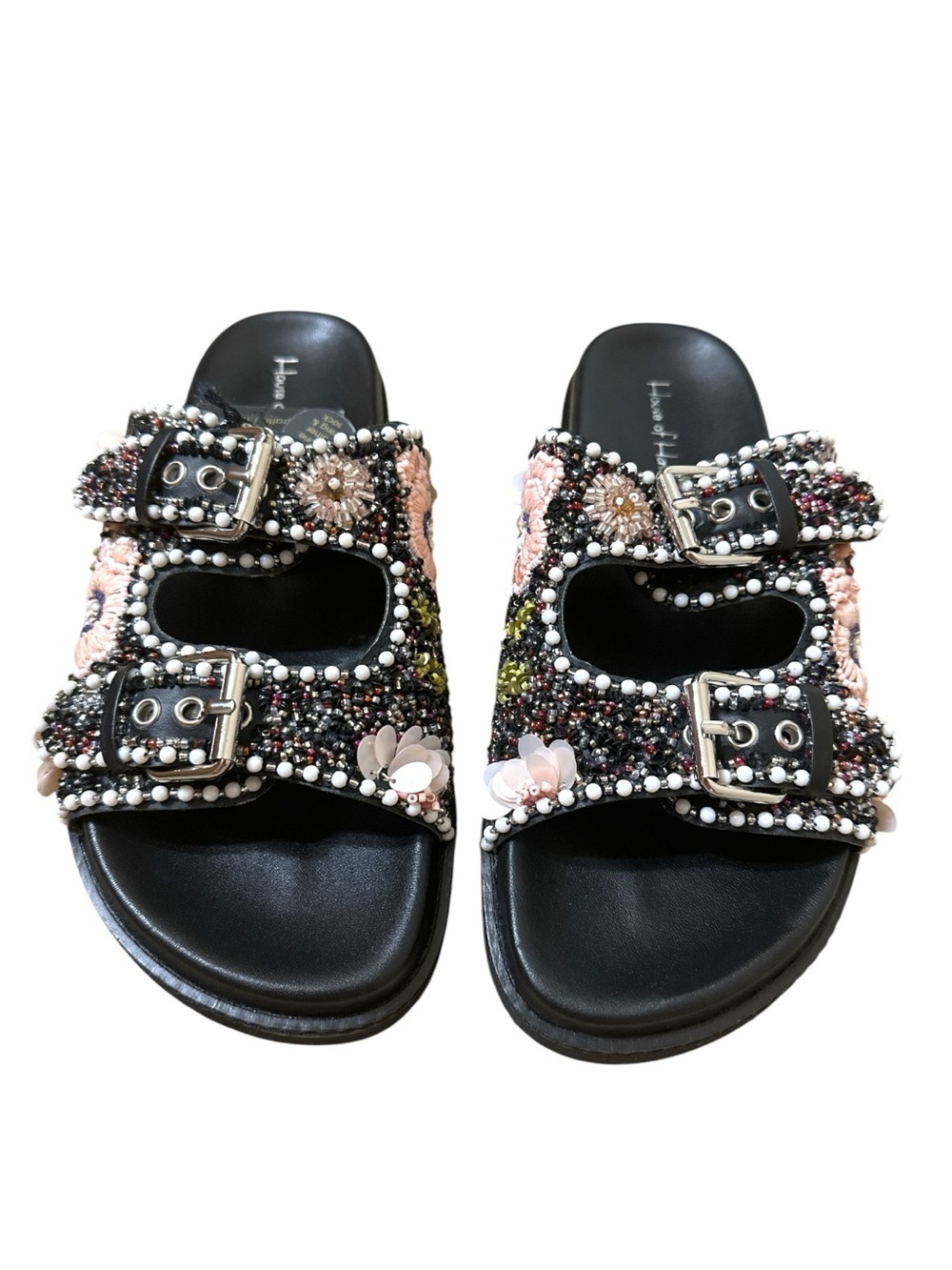 House of Harlow Beaded Floral Slide Sandals NWT Size 8.5 Genuine Leather
